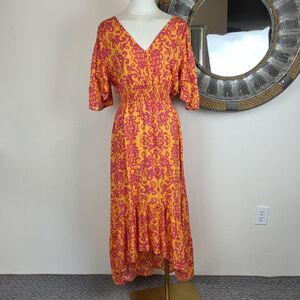 Abel The Label Dress Womens Medium Orange Pink Boho Midi Flutter Sleeve Rayon